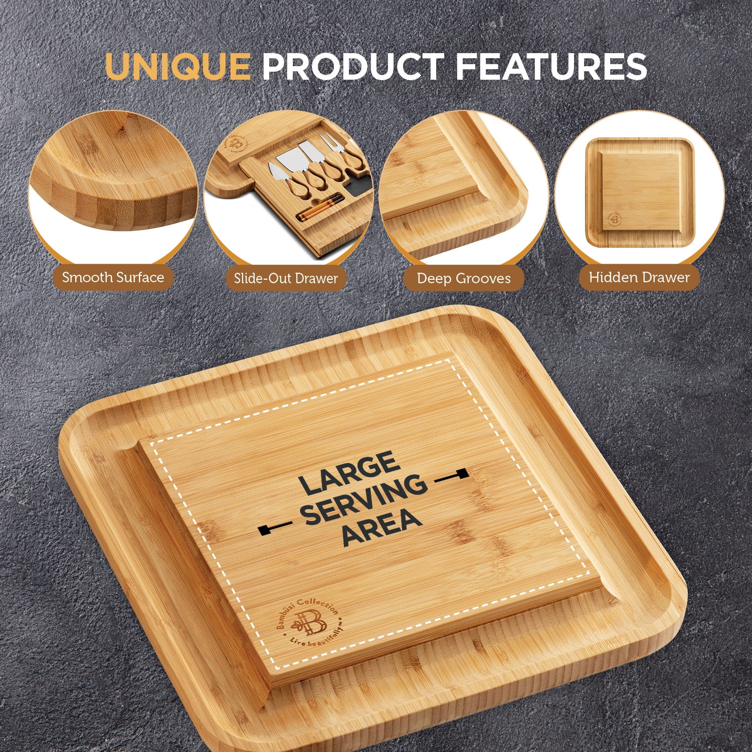 Bambusi Bamboo Cheese Board with Cutlery Set, Includes 4 Stainless Steel Serving Utensils, 3 Labels & 2 Chalk Markers