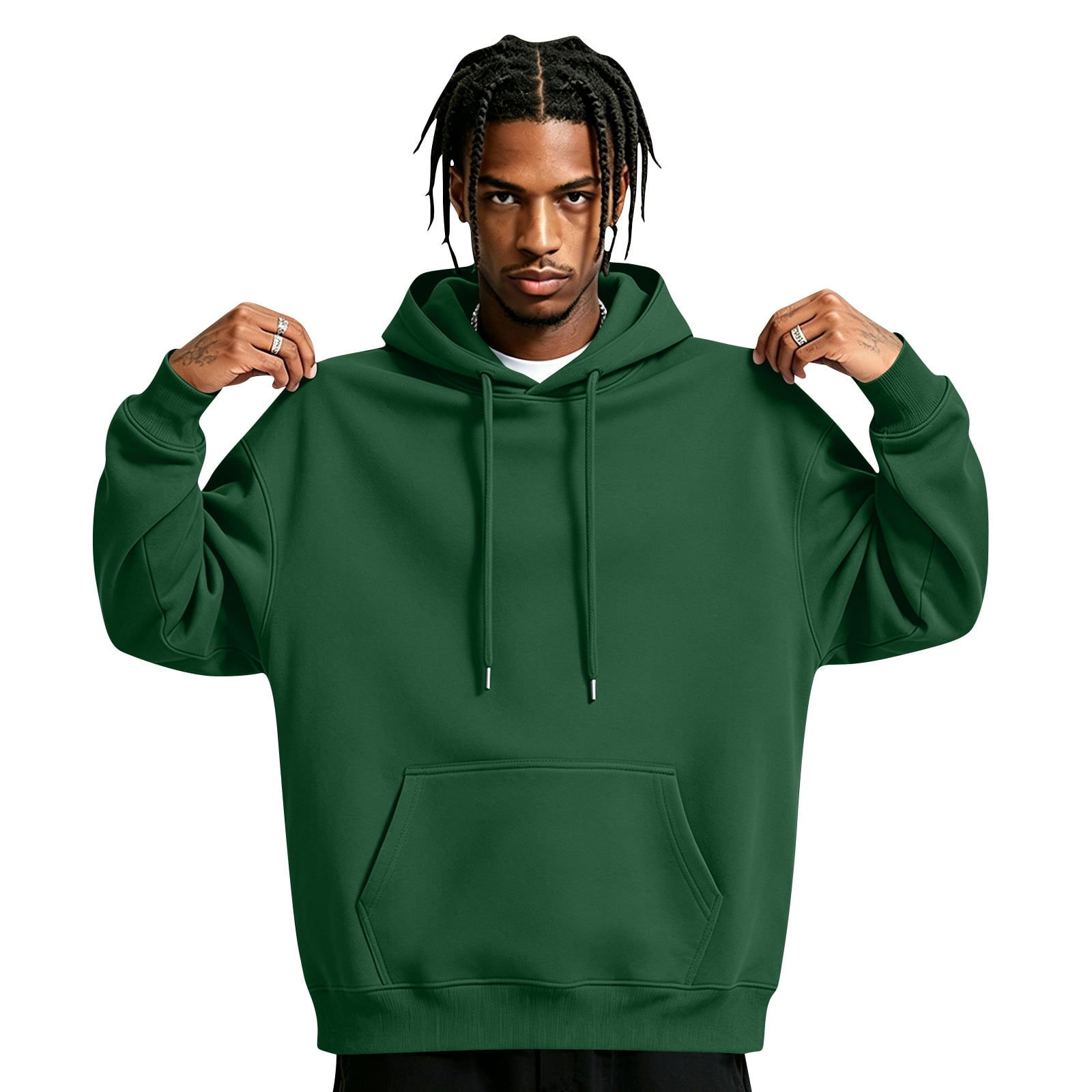 Men s Hooded Long Sleeve Pullover with Adjustable Drawstrings Kangaroo Pocket Solid Sweatshirt Top Soft Breathable Warm Stretch for Cold-Weather Layering Gym Workouts Dark Green S