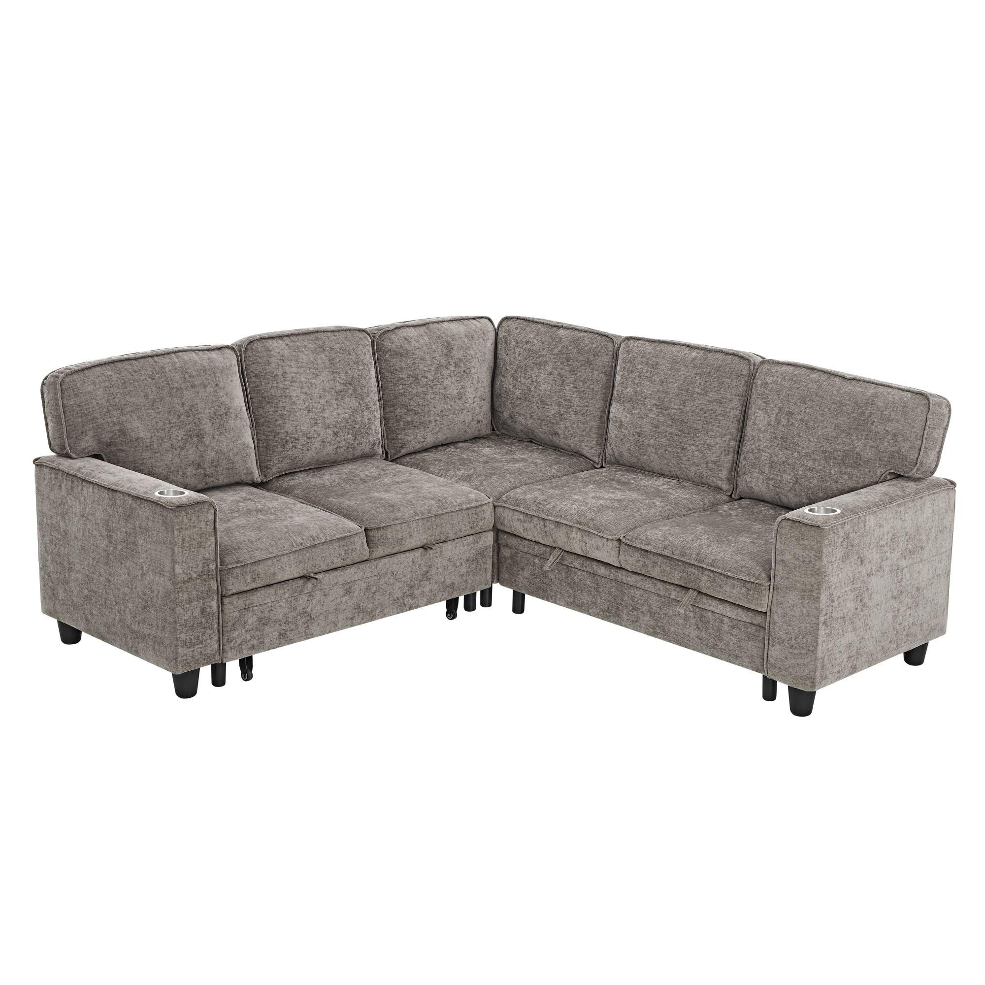 5-Seat L-Shaped Sectional Sofa with Pull-Out Bed, Reversible Chaise with Storage, Sleeper Sofa Couch Bed with USB & Type-C Charging Ports, Chenille Fabric Couch for Living Room, Apartment