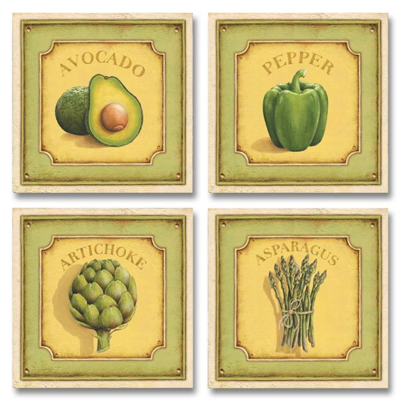 Vintage Green and Yellow Avocado Asparagus Artichoke Adult Kitchen Decor; 4 - 12" x 12" Unframed Posters