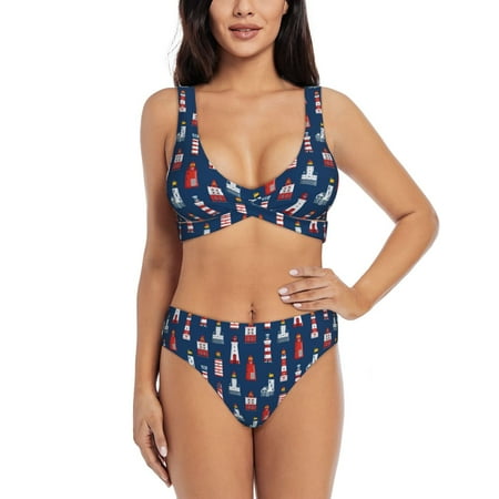 Zeuib Cartoon Lighthouse High Waisted Tummy Control Bikini Set - Knot Front Push Up Top & Cheeky Thong Bottom  Two-Piece Swimsuit for Women-XX-Large