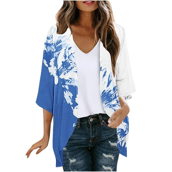 YFNNUP Chiffon Cardigan for Women Summer,Plus Size Cardigan for Women Summer Lightweight 3/4 Sleeve Cardigan Casual Floral Print Swimsuit Coverup