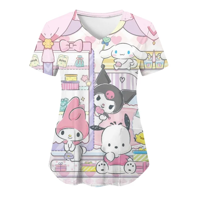 RWJDXD RWJDXD Uniforme d'Infirmière, Blouses Hello Kitty pour Femmes, Imprimé Cartoon, Manches Courtes, Poches, Uniformes Médicaux