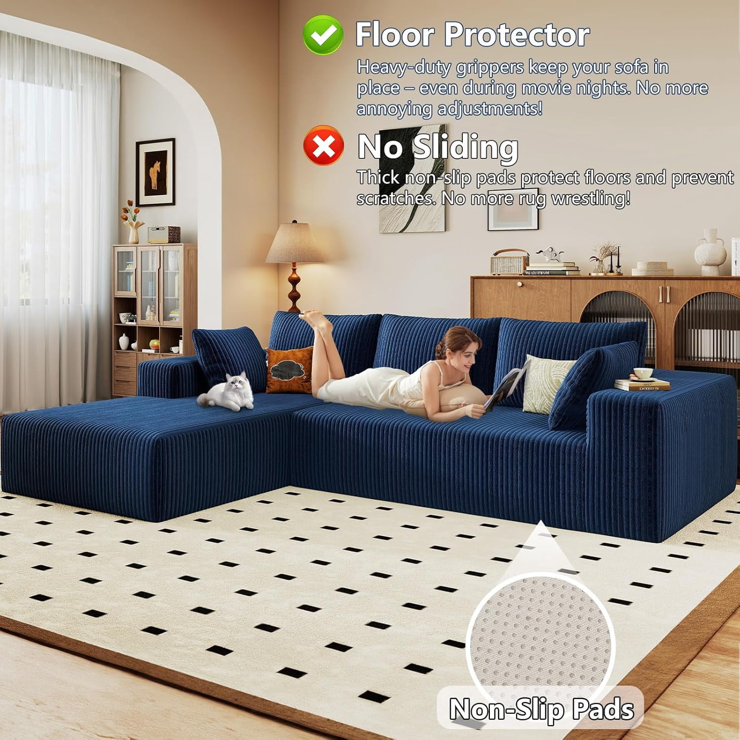 96-inch Modern Cloud Couch, L-Shaped Corduroy Sectional Sofa with Chaise, No Assembly Required, Deep Seating Modular Sofa for Living Room,Blue