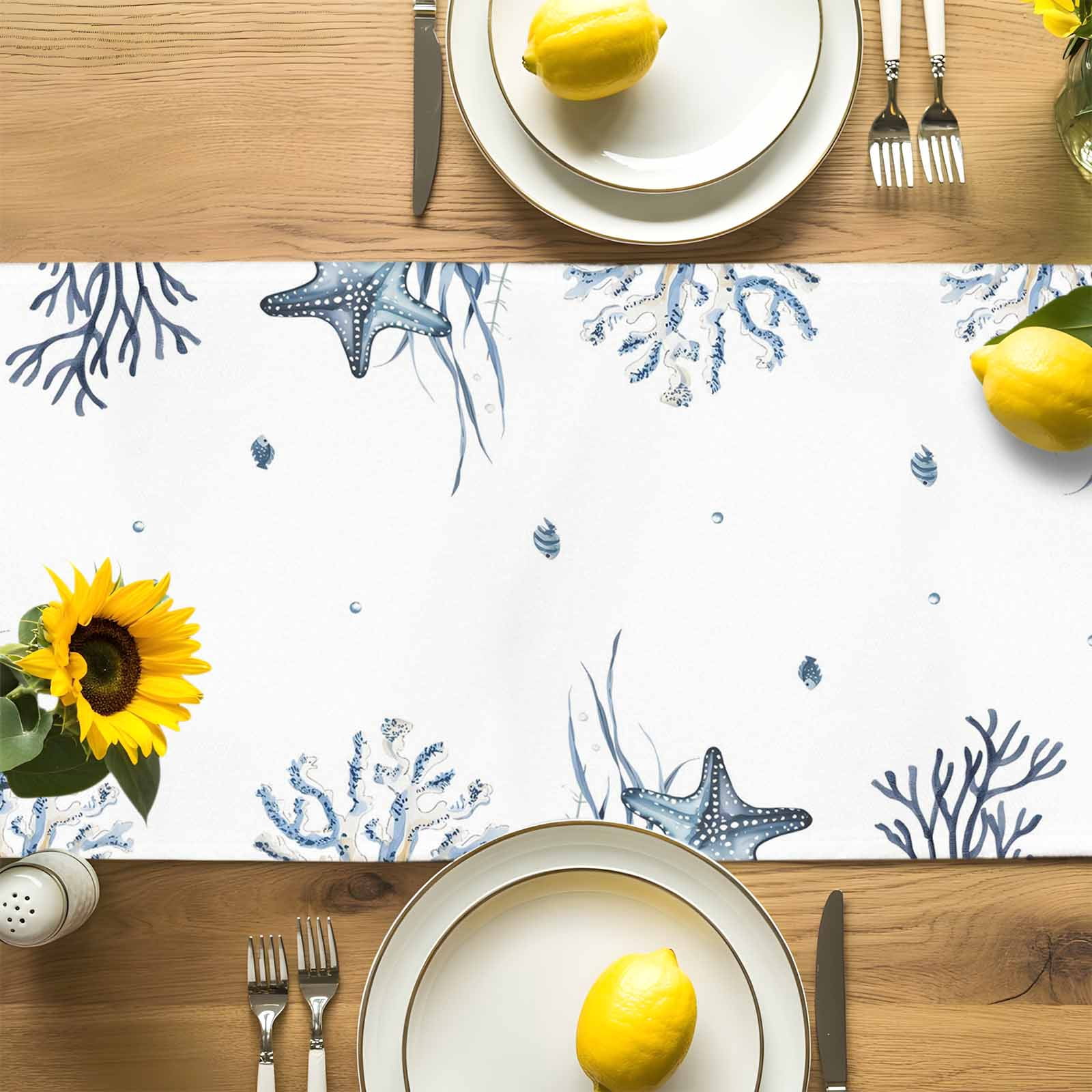 Sea Turtle Starfish Shell Seaweed Table Runner 90 Inches Long, Blue Ocean Marine Life Table Runners Tabletop Scarf Kitchen Dining Tables Decoration for Home Party Indoor Outdoor
