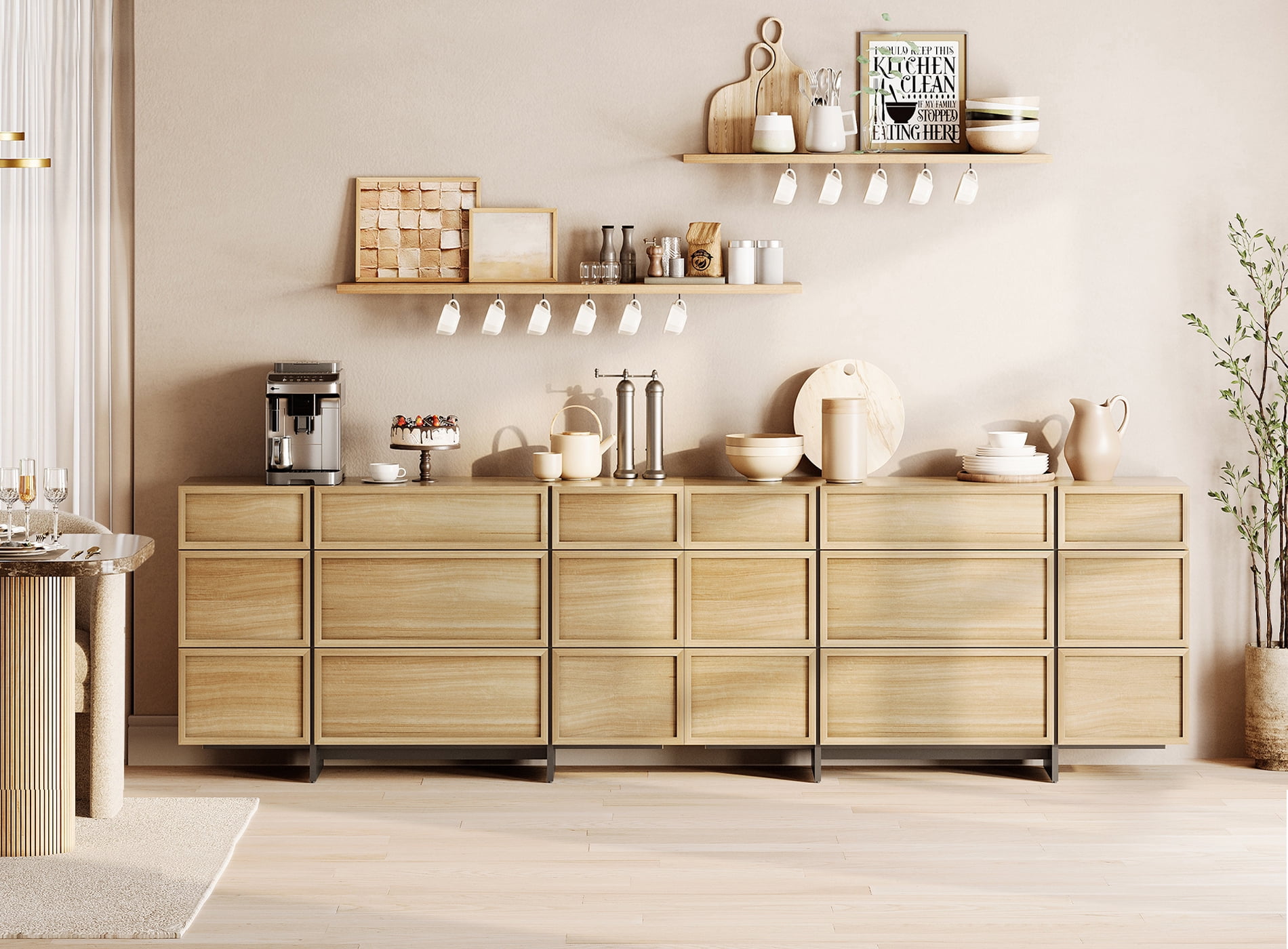 Modern Picture Frame Sideboard Buffet Cabinet with 18 Drawers and T-Shaped Wood Legs, Multifunctional Large Storage Coffee Bar Cabinet Organizer for Kitchen, Dining Room,Oak