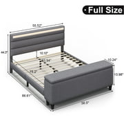 E-motie Full Upholstered Bed Frame with Storage Ottoman, Charging Station and LED, Gray Full Bed