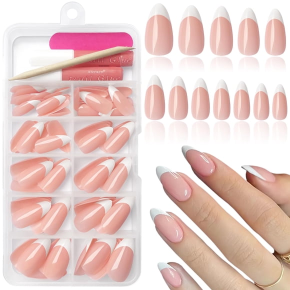 Bellelfin 120 uñas postizas con punta francesa blanca, forma de almendra, cubierta completa, uñas postizas brillantes, pegamento acrílico en uñas con 5 hojas de pestañas adhesivas para mujeres y niñas