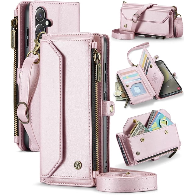 Estuche tipo Billetera Compatible con Samsung Galaxy S24 Plus Estuche para Teléfono con Bolsillo con Cremallera y Correa Magnética para el Hombro con Cierre a Presión de Cuero PU