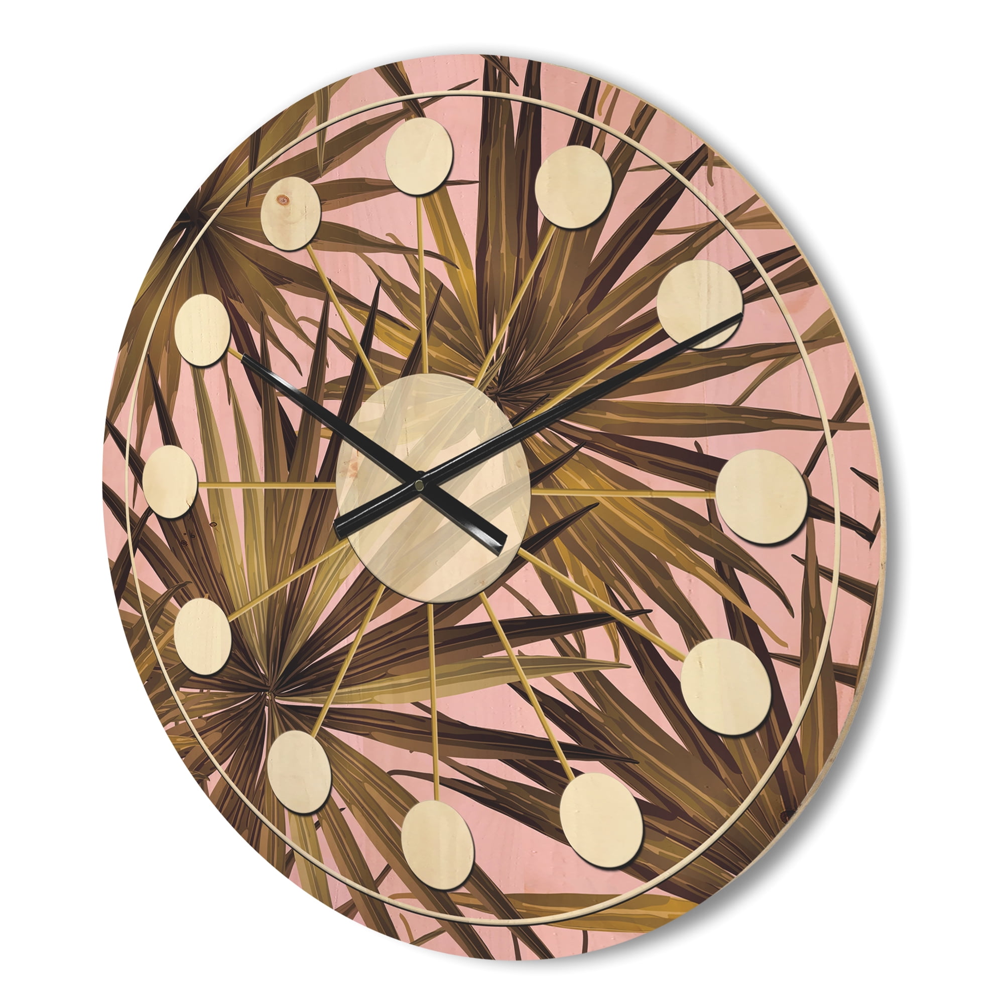 Designart 'Tropical Leaves On Pink Retro' Mid-Century Modern Wood Wall Clock