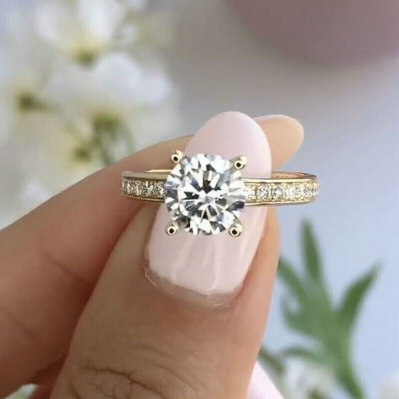 Forever Jewels 2Ct Round Real Moissanite Women's Solitaire Engagement Ring 14K Yellow Gold Plated