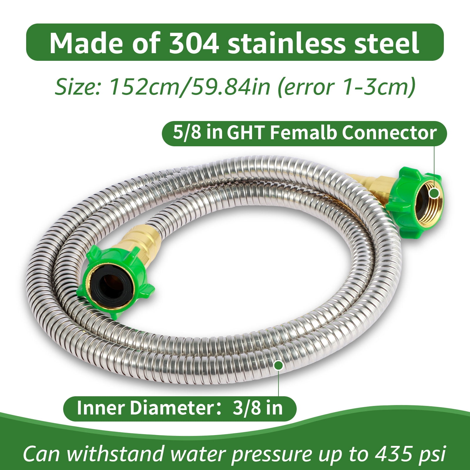 2Pcs 5Ft Short Garden Hose 304 Stainless Steel Garden Leader Hose with Female to Female Connector Leakproof Outdoor Flexible Water Hose