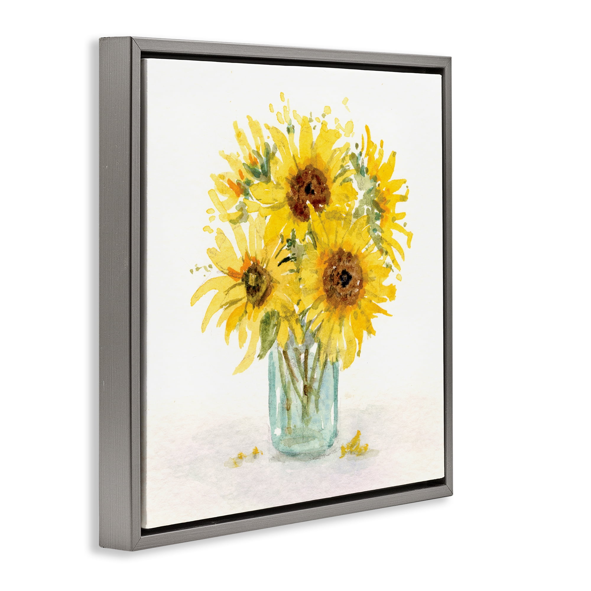 Stupell Industries Soft Sunflower Jar Plants & Flowers Painting Gray Floater Framed Canvas Art Print Wall Art, 25 x 25