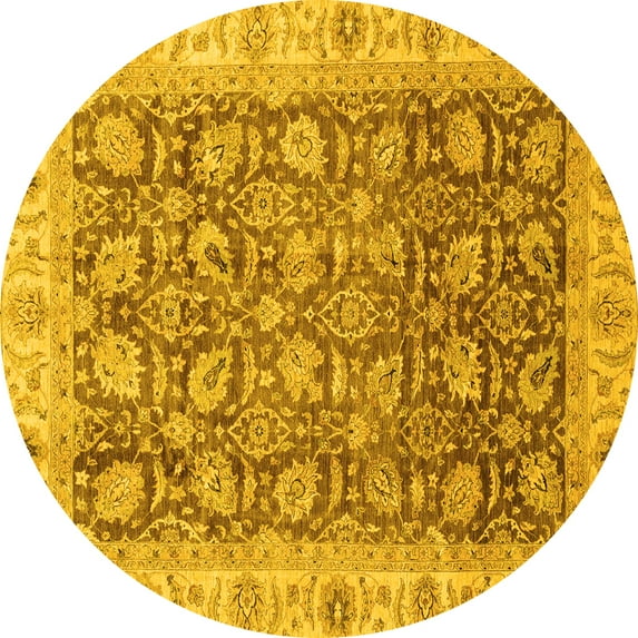 Ahgly Company Machine Washable Indoor Round Oriental Yellow Traditional Area Rugs, 7' Round