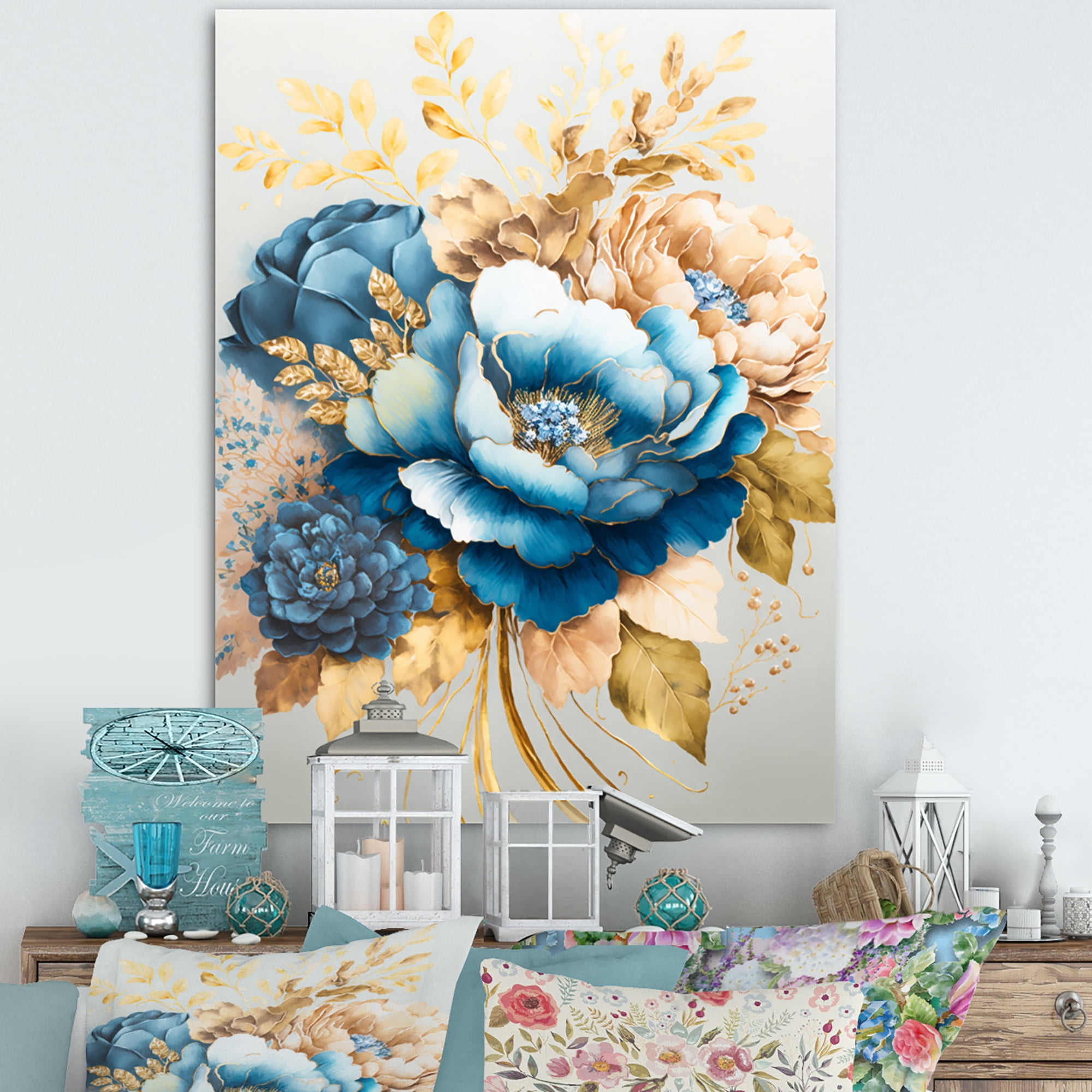 Designart Golden Blue Flower Arrangement II Canvas Wall Art