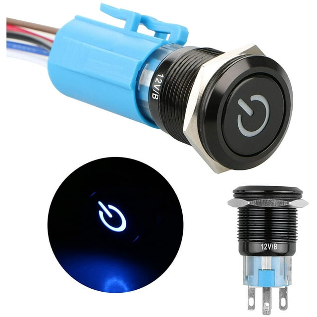 Dc 12v Metal Interlock Push Button Switch, 4 Pin Car Rv Truck Boat Spdt On / Off Switch, Waterproof Round Marine Switch With Blue Led Light For 19mm 3/4 "