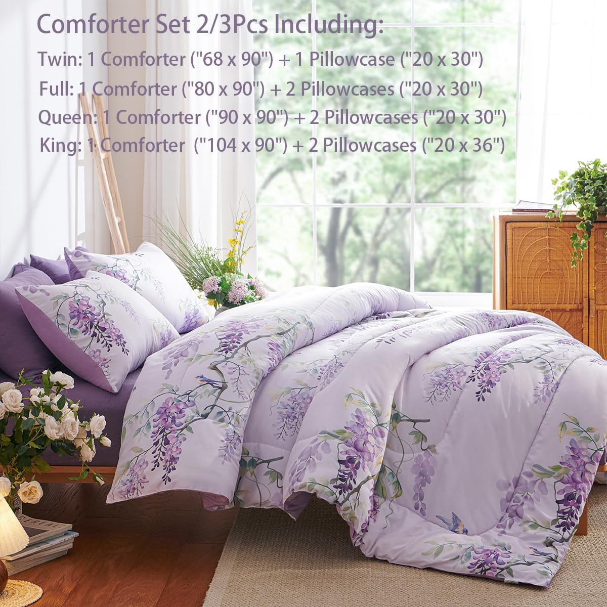 JOLUSERE Romantic Wisteria Comforter King Sets, 3 Pieces Chic Botanical Purple Floral Reversible Comforter for All Season
