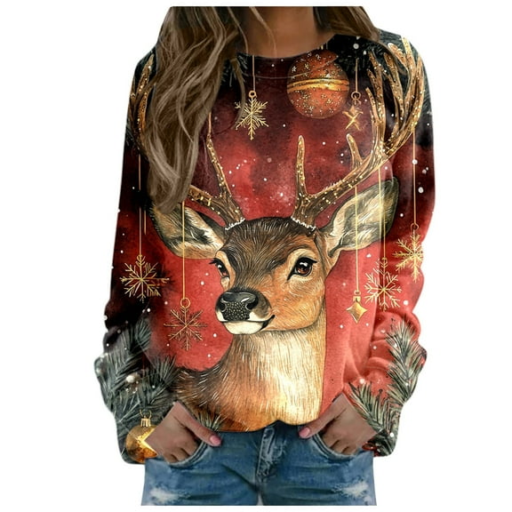 SJLDQY Womens Sweatshirts Xmas Deer Graphic Sweatshirts for Women Trendy Hoodies Long Sleeve Fashion Crewneck Tops 2025 Fall Winter Clothes