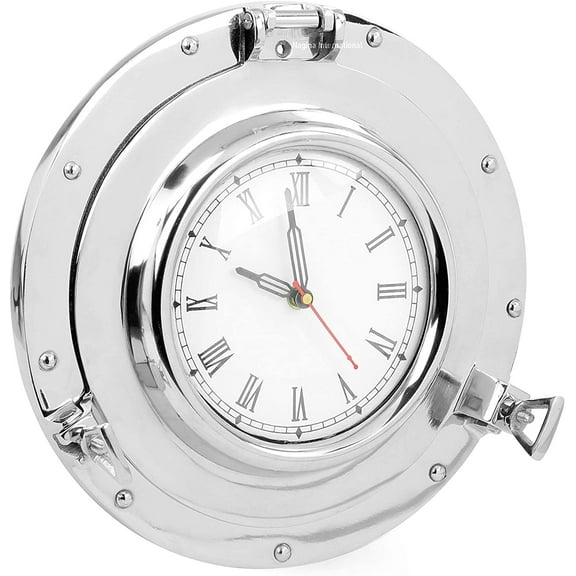 Nagina International 11" Solid Brass Handcrafted Porthole Clock | Functional Wall Decor Circular Hanging Clock | Premium Vintage Style Hanging Pirate's Coastal Nautical Clock (Nickel Polished)