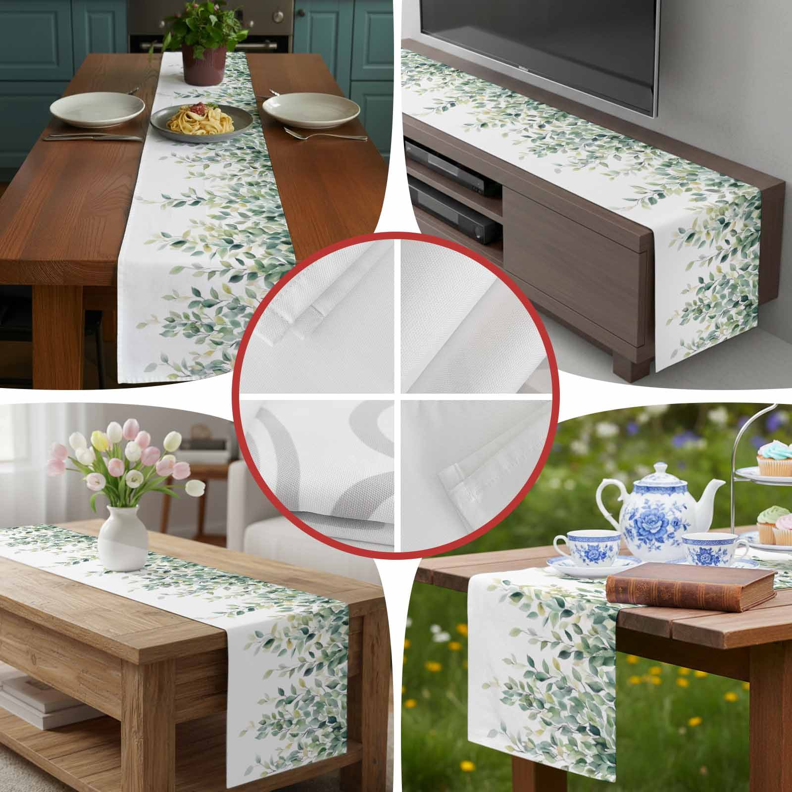 Green Watercolor Eucalyptus Leaves Table Runner 90 Inches Long, Spring Foliage on White Table Runners Tabletop Scarf Kitchen Dining Tables Decoration for Home Party Indoor Outdoor