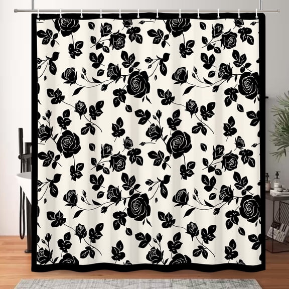 MIZHONA Black and White Floral Shower Curtain Vintage Rose Print Waterproof Fabric Bathroom Curtain 72x72 in