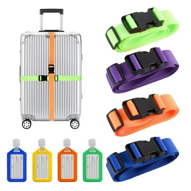 Premium Luggage Belt Straps with Name Tags,Adjustable Plastic Utility Buckle Packing Strap for Suitcases Travel Accessory 4Pcs