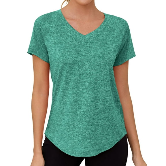Women's Short Sleeve Workout Shirts Cute Solid Crewneck Sports Yoga Running Tops Casual Loose Fit T Shirt