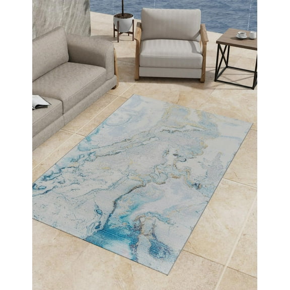 Unique Loom Outdoor Modern Collection Area Rug - Ripplet (5' 3" x 8' Rectangle Blue and Ivory/Olive)