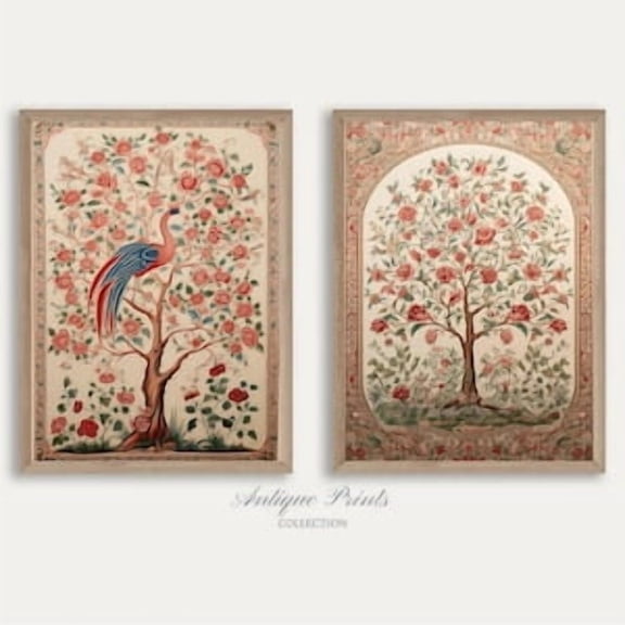Traditional India Tapestry Wall Art, Antique Indian Textile Set of 2 Print, Vintage Palempore Art, Indian Folk Pattern Wall Decor, , Poster Only