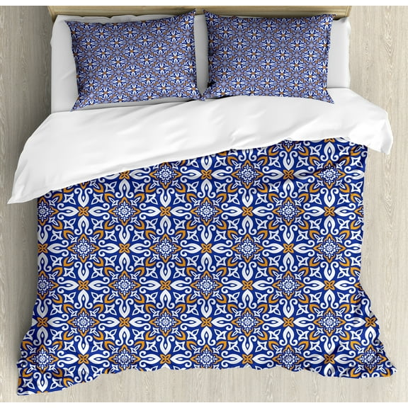 Mosaic Duvet Cover Set, Colorful Traditional Moroccan Portugal Azulejo Ceramic Floral Tiles Pattern, Decorative 3 Piece Bedding Set with 2 Pillow Shams, Calking Size, Indigo Orange Pearl, by Ambesonne