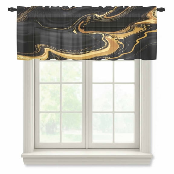 Marble Black Valance Curtains for Kitchen/Living Room/Bathroom/Bedroom Window, Rod Pocket Small Topper Half Short Window Curtains Voile Sheer Scarf, Vintage Gold Art Abstract Farmhouse 42"x18"