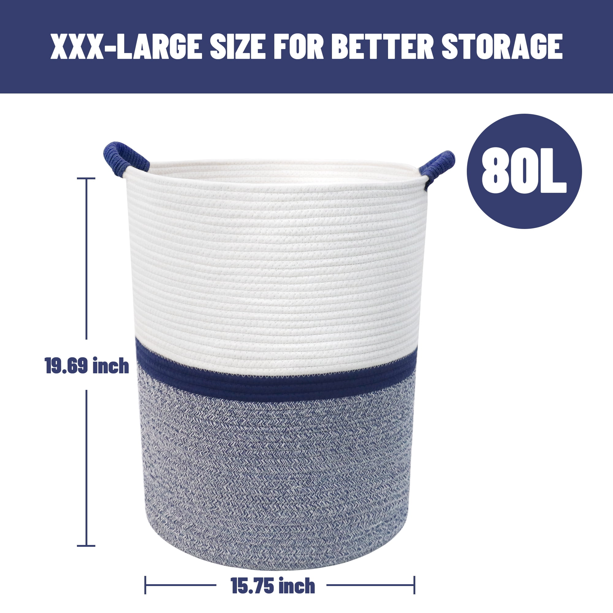 Caroeas XXXL Extra Large Rope Basket, 16''x20'' Woven Storage Basket, Blanket Basket for Living Room, Tall Nursery Basket, Storage Organizer, White and Blue