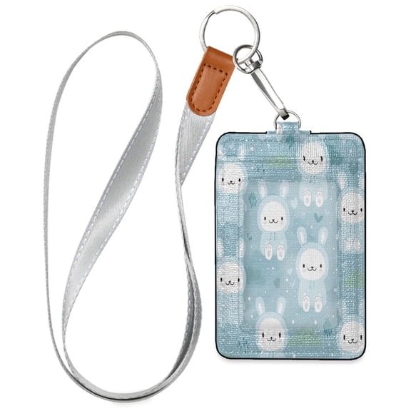 PU Leather Badge Holder Lightweight ID Card Holder with Window Pocket Blue Raincoat Rabbit