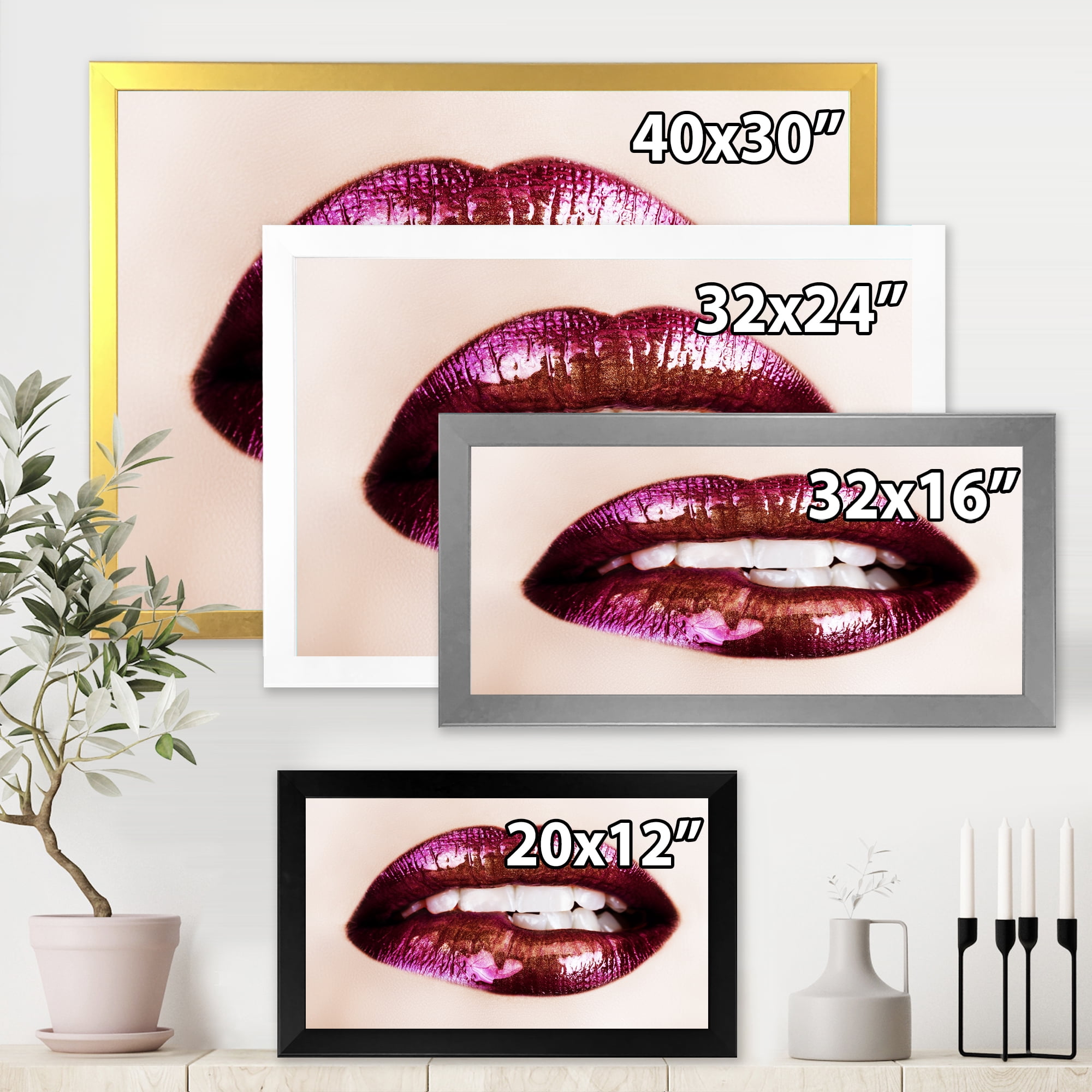 Designart 'Close-Up Of Purple Female Lips' Modern Framed Art Print