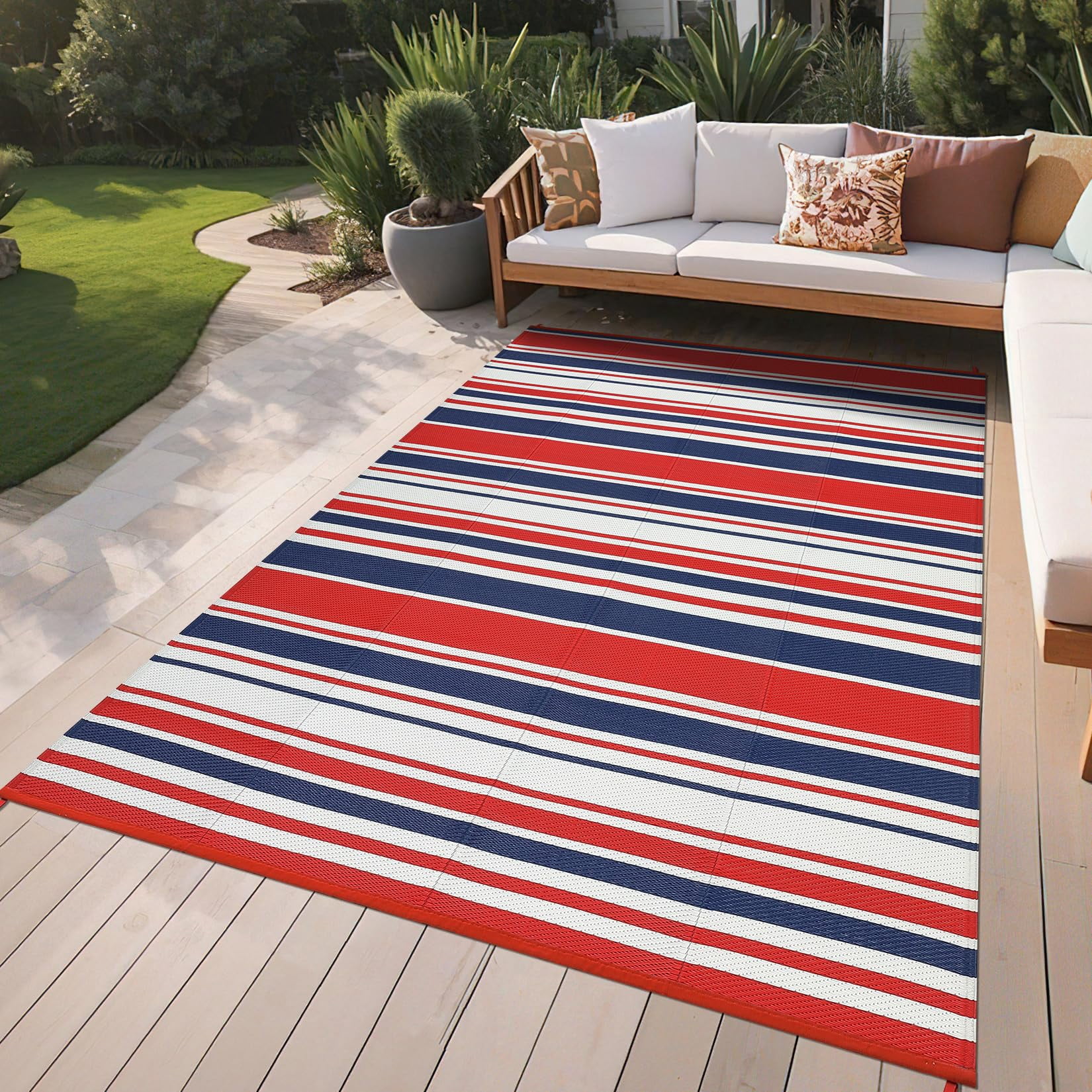Danolapsi Outdoor Rug Mat for Patio,8x10 Plastic Straw Rug,Waterproof Plastic Straw Mats,Modern Striped Outdoor Camping Rugs for Patio,RV,Porch, Deck,Backyard,Balcony,Camping,Trailer