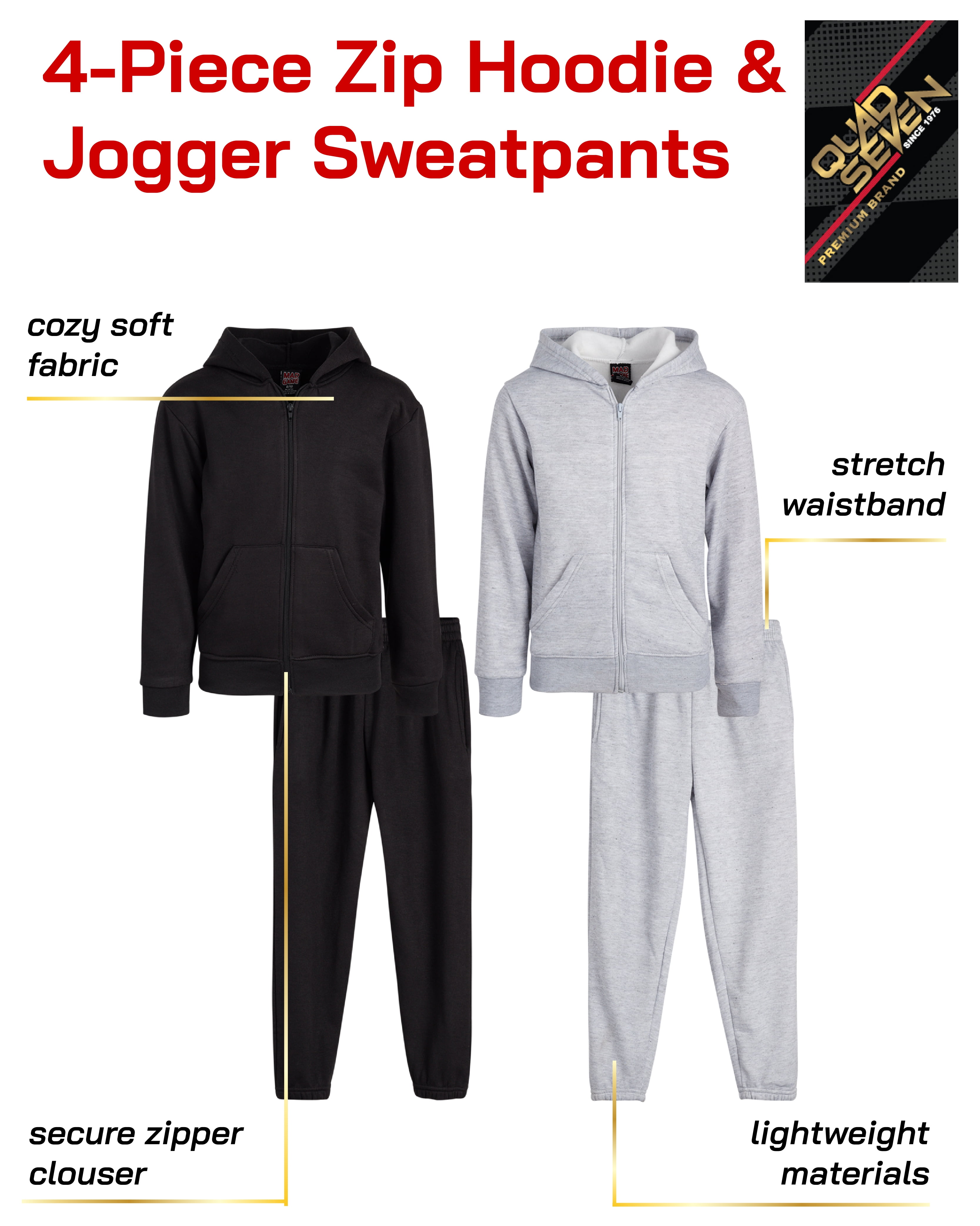 Quad Seven Boys' 4-Piece Fleece Jogger Outfit Set with Full Zip