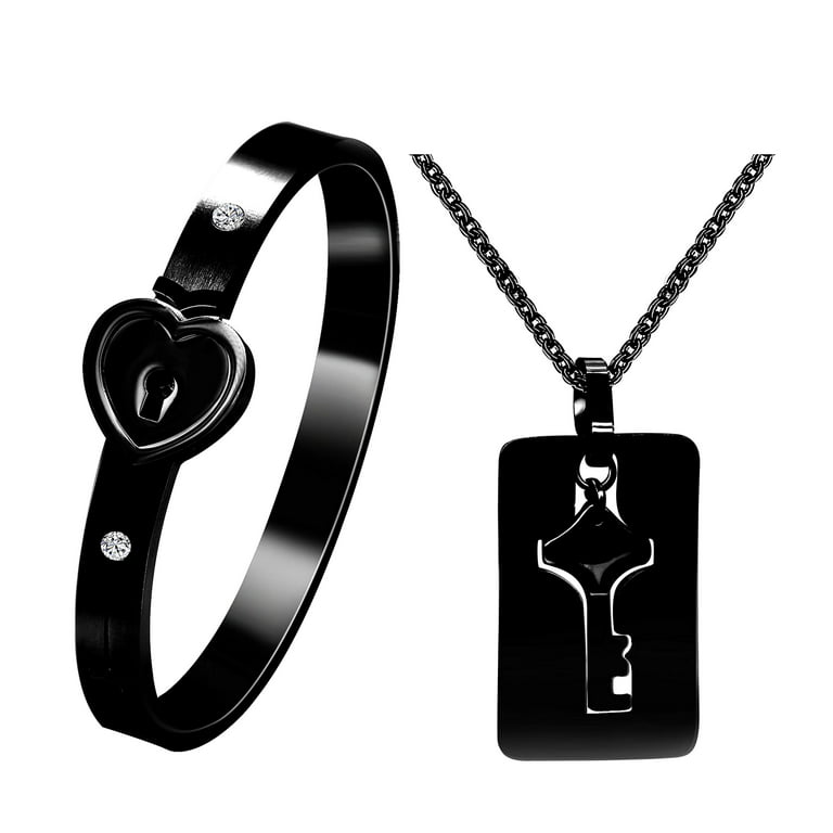 Black Plated Titanium Steel Matching Couple Heart Lock Bracelet and Key  Pendant Necklace for Men Women SN300