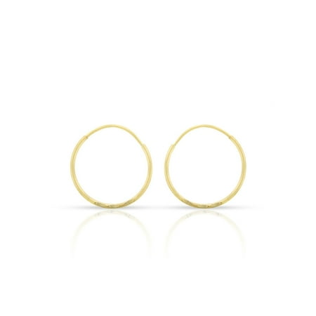 14k Yellow Gold Womens Diamond Cut 0.8mm Round Endless Tube Hoop Earrings 12mm Diameter