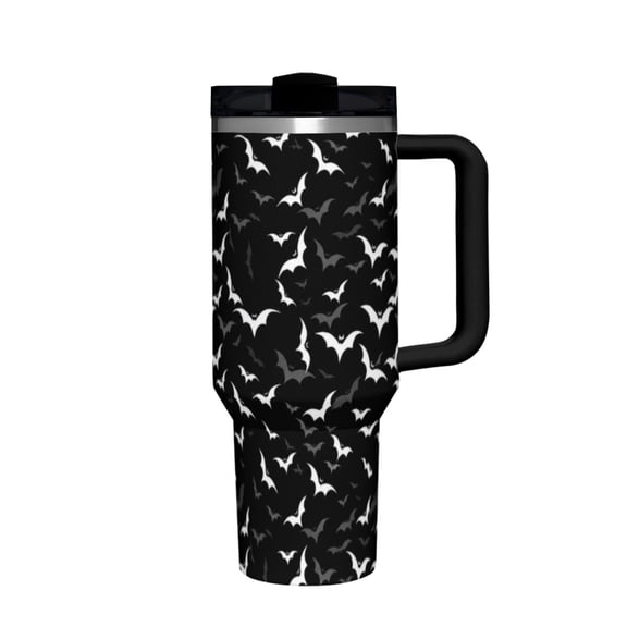 Hakunofo 40 oz Black Flying Bat Halloween Tumbler with Handle Straw and Lid, Stainless Steel Travel Coffee Cup for Halloween Gift Home Office