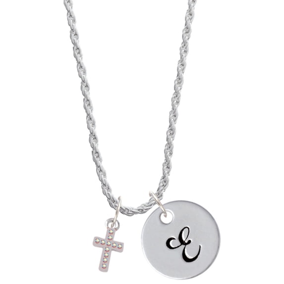 Delight Jewelry Silvertone Small AB Crystal Cross Silvertone Script Initial Disc - E - Charm Necklace, 20"+3"