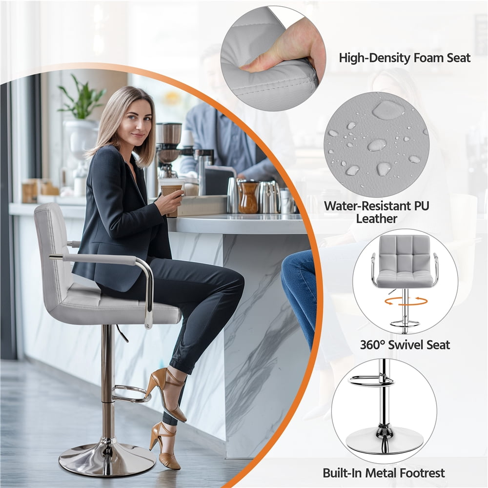 Renwick PU Leather Swivel Bar Stool with Large Steel Pedestal Base, Light Gray