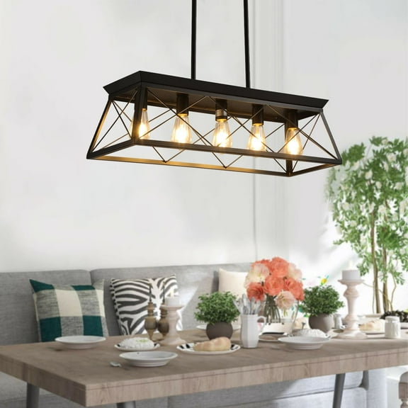 5-Light Rustic Farmhouse Chandelier for Dining Room Farmhouse-Style Chandelier 31.5" Industrial Fixture with White Sockets Adjustable Height Tiltable Spherical Shades（Black Gold）