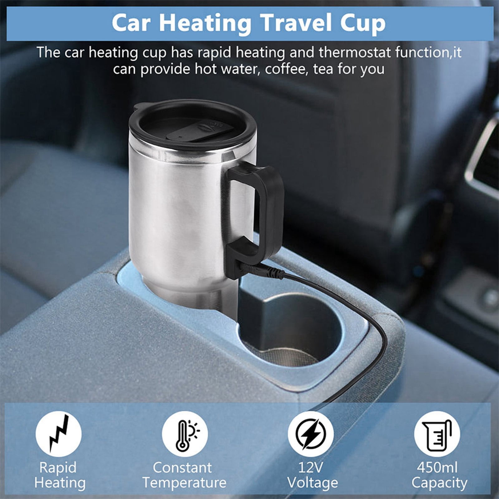 Electric Coffee Mug, Stainless Steel Spill-proof Water Kettle 12V 65 Warm Keeping 450ml For Car For Travel