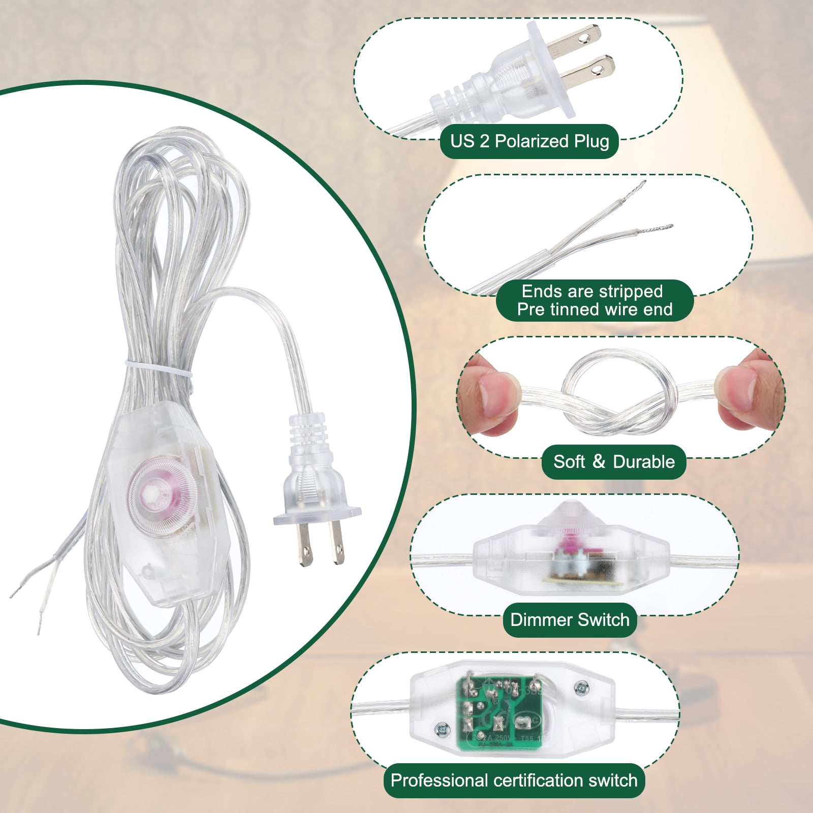 Uxcell 12 Feet 2 Set UL List Lamp Power Cord with Full Range Rotary Lamp, Clear