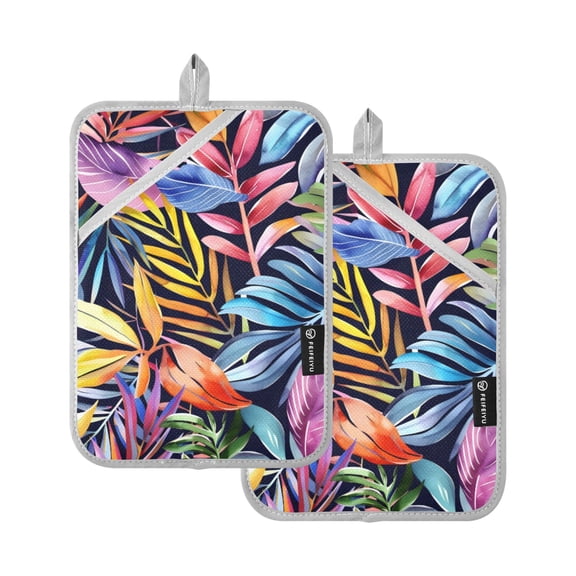 Watercolor Tropical Leaves Oven Mitts 2 Pcs Pot Holders Sets Heat Resistant for Kitchen Cooking Baking 7"x9.8"
