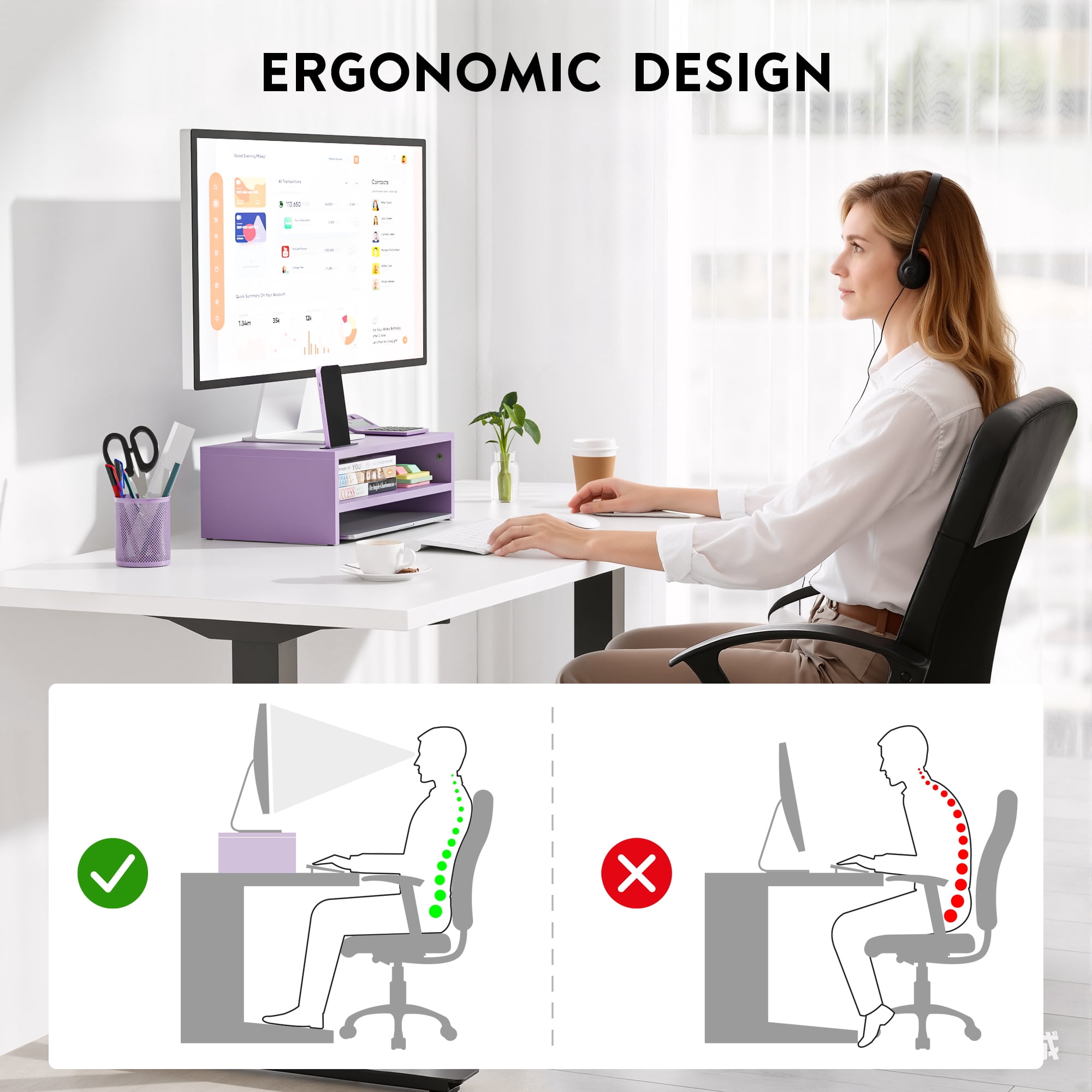 BONTEC Wooden Monitor Stand Riser, 2-Tier Desk Shelf with Storage Organizer, Ergonomic Computer Stand with Cable Management, Cellphone Holder, Purple, 16.5 Inch