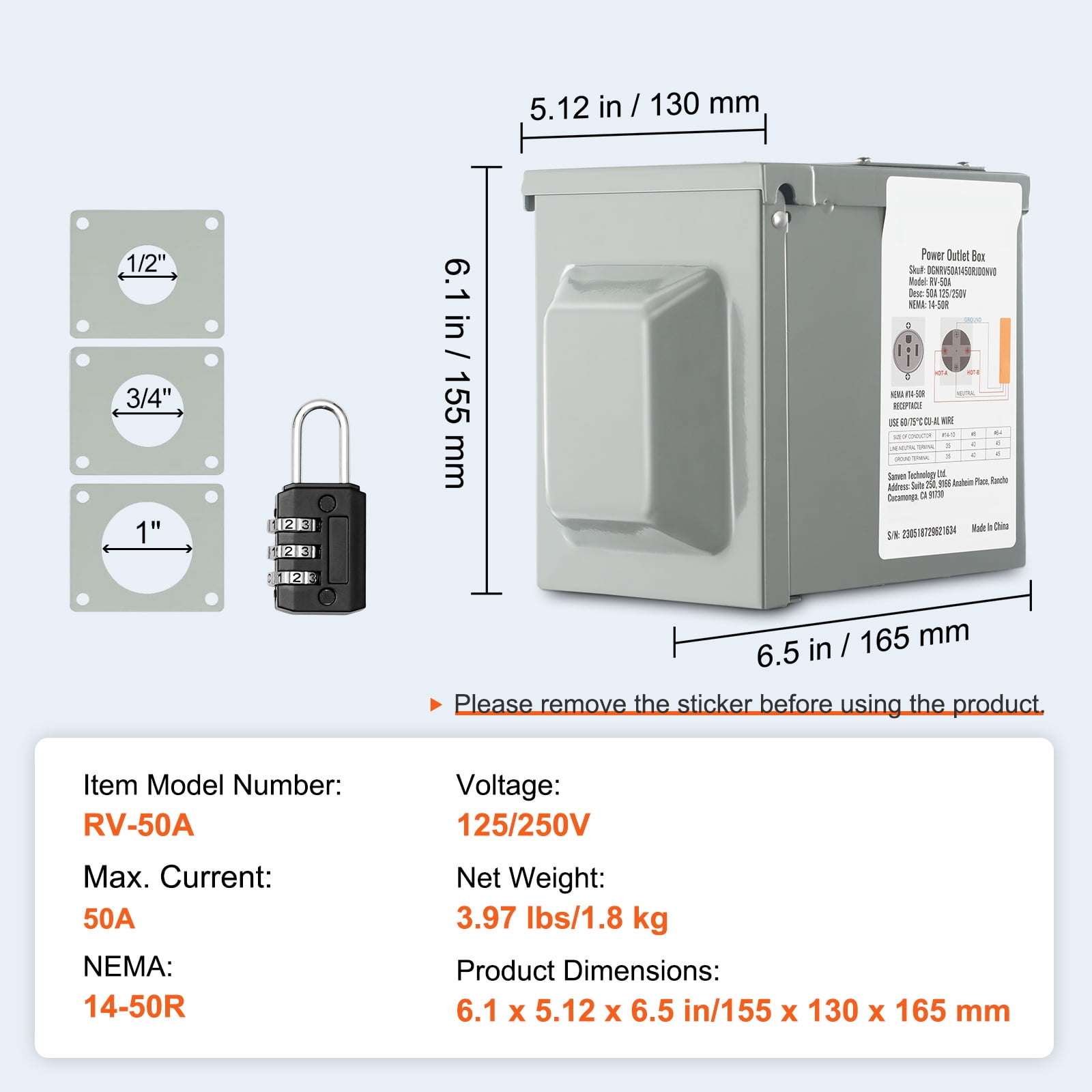 VEVOR 50A RV Power Outlet Box 125/250V Electrical Outdoor Receptacle NEMA 14-50R