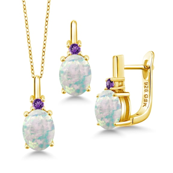 Gem Stone King 4.86 Ct Simulated Opal and Amethyst 18K Yellow Gold Plated Silver Pendant and Earrings Jewelry Set