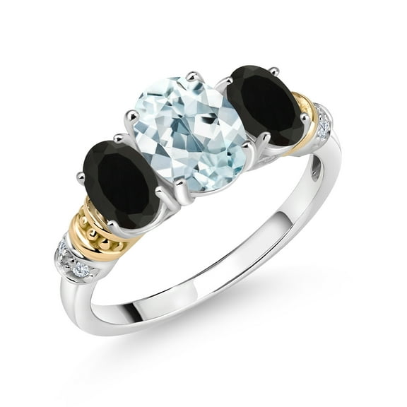 Gem Stone King 925 Sterling Silver and 10K Yellow Gold Oval Sky Blue Aquamarine Black Onyx and White Diamond 3 Stone Ring for Women (2.03 Cttw, Gemstone March Birthstone, Size 6)
