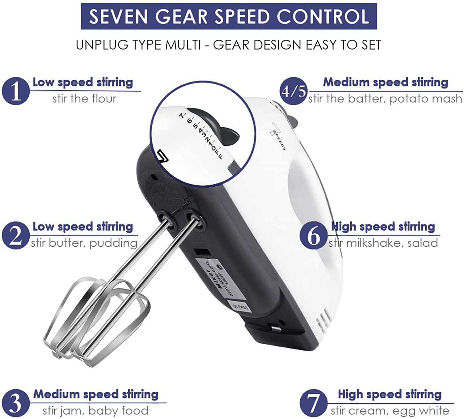 Hand Mixer Electric Whisk 180W Power 7 Speed Handheld for Kitchen Baking,  White